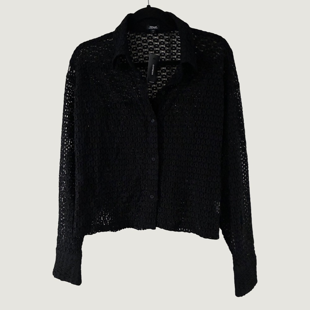 Express Boyfriend Portofino Black Lace Open Knit Button Down Shirt Medium NWT